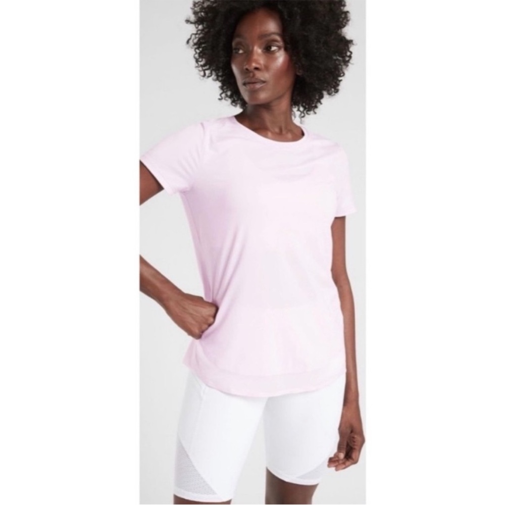 ATHLETA TOP, Size LP, Light Pink Cadence Short Sleeve Athleisure Tee, Excellent.